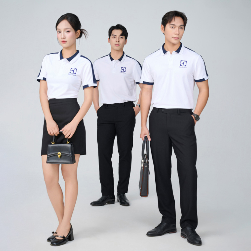 Áo polo đồng phục mà tráng viền xanh đen